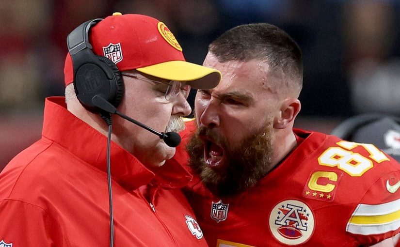 Travis Kelce melts down on Chiefs sideline during Super Bowl LVIII, nearly knocks Andy Reid off his feet